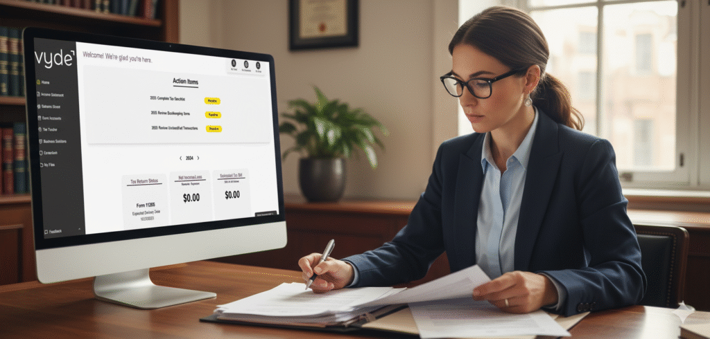 blog-partner-with-strongsuit Woman in business attire working at desk with Vyde accounting software displayed on monitor.