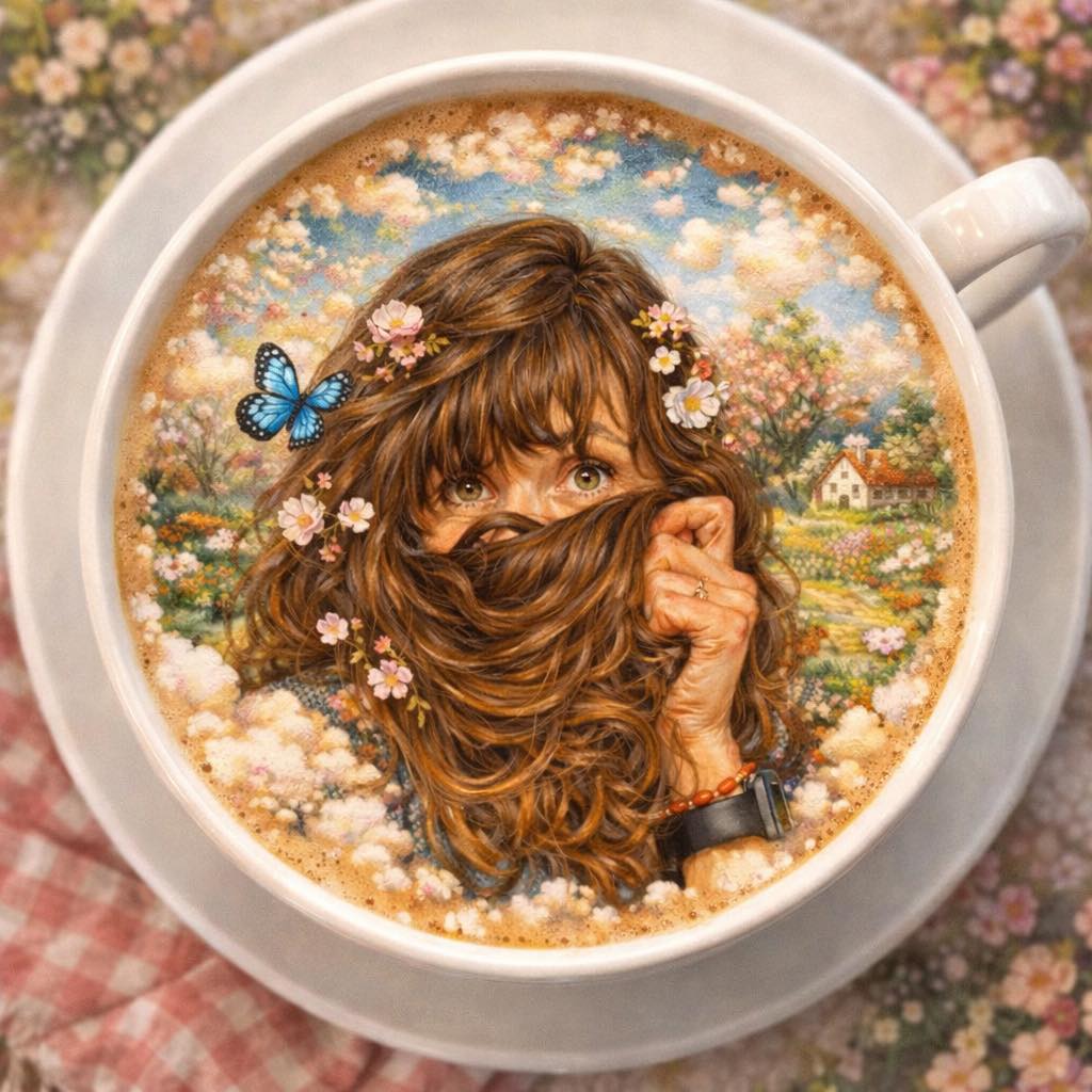Artistic coffee cup illustration featuring girl with flowers and butterfly design