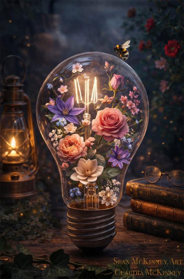Light bulb filled with colorful flowers and glowing filament, bee on top, vintage books nearby.