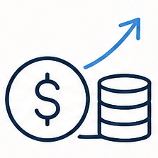 Dollar sign coin next to stacked coins with upward arrow
