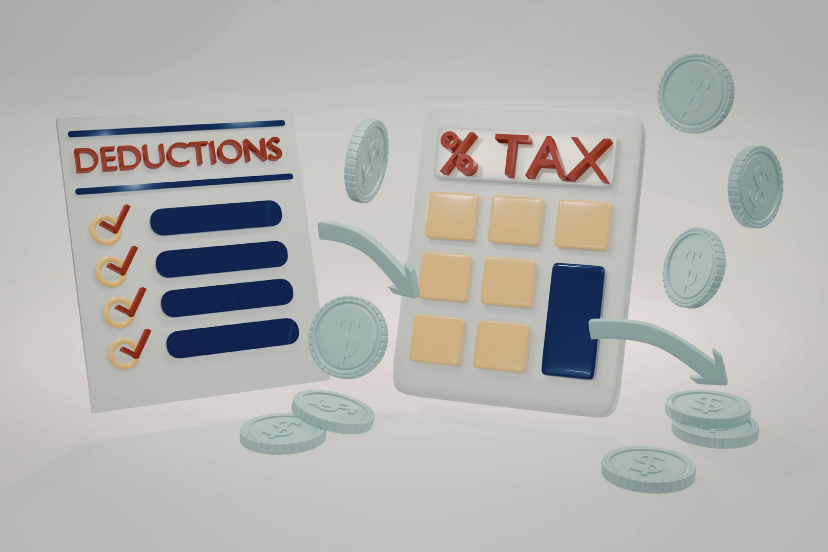 Deductions and tax reduction 3D illustration with coins