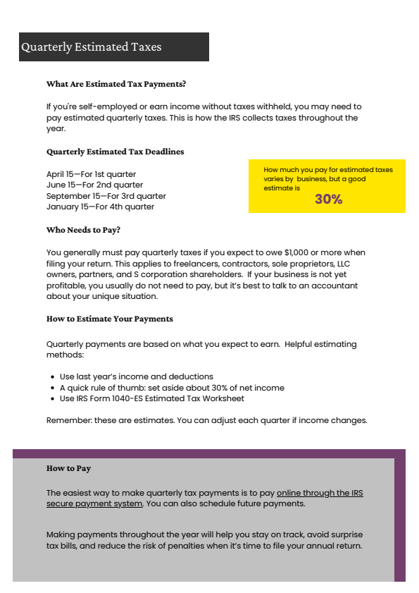 resources-quarterlyestimatedtaxes-download Quarterly Estimated Taxes guide explaining deadlines, who must pay, and payment methods.