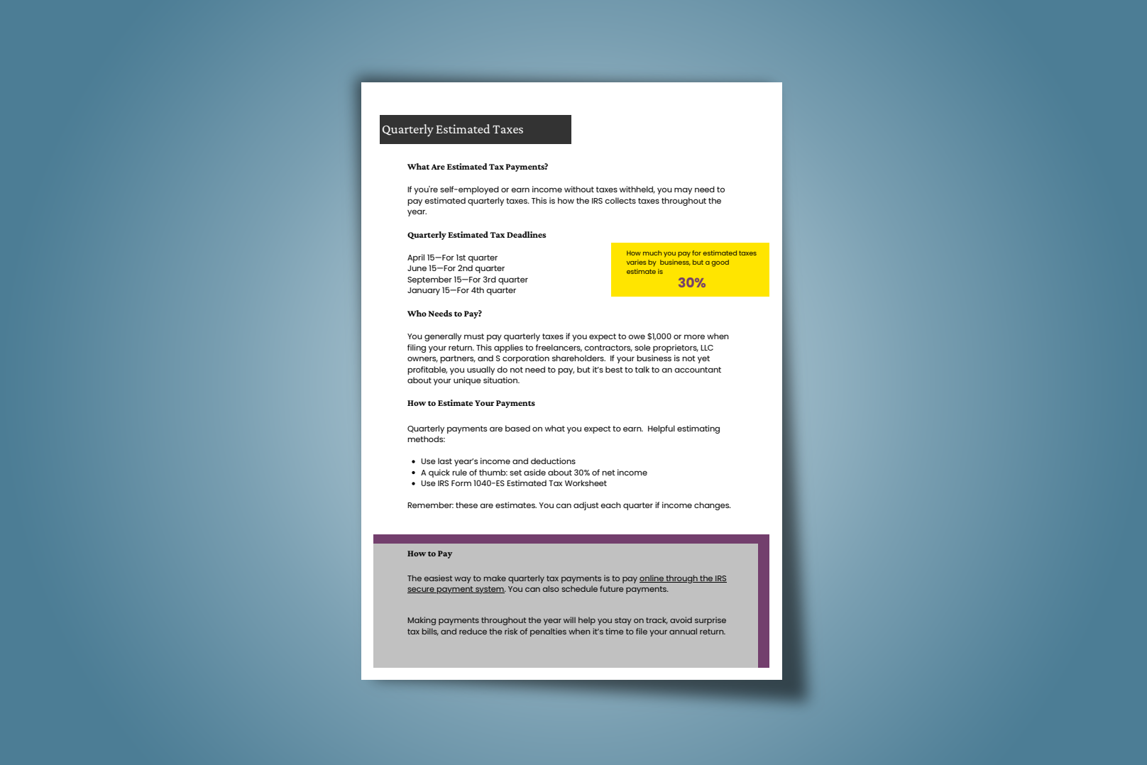 Quarterly Estimated Taxes informational document on blue background