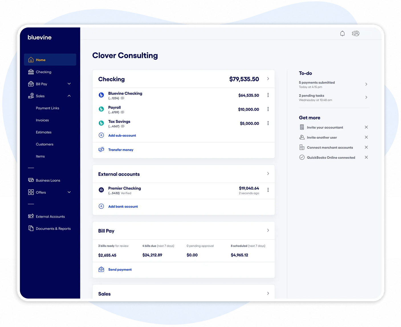 Bluevine banking dashboard for Clover Consulting account