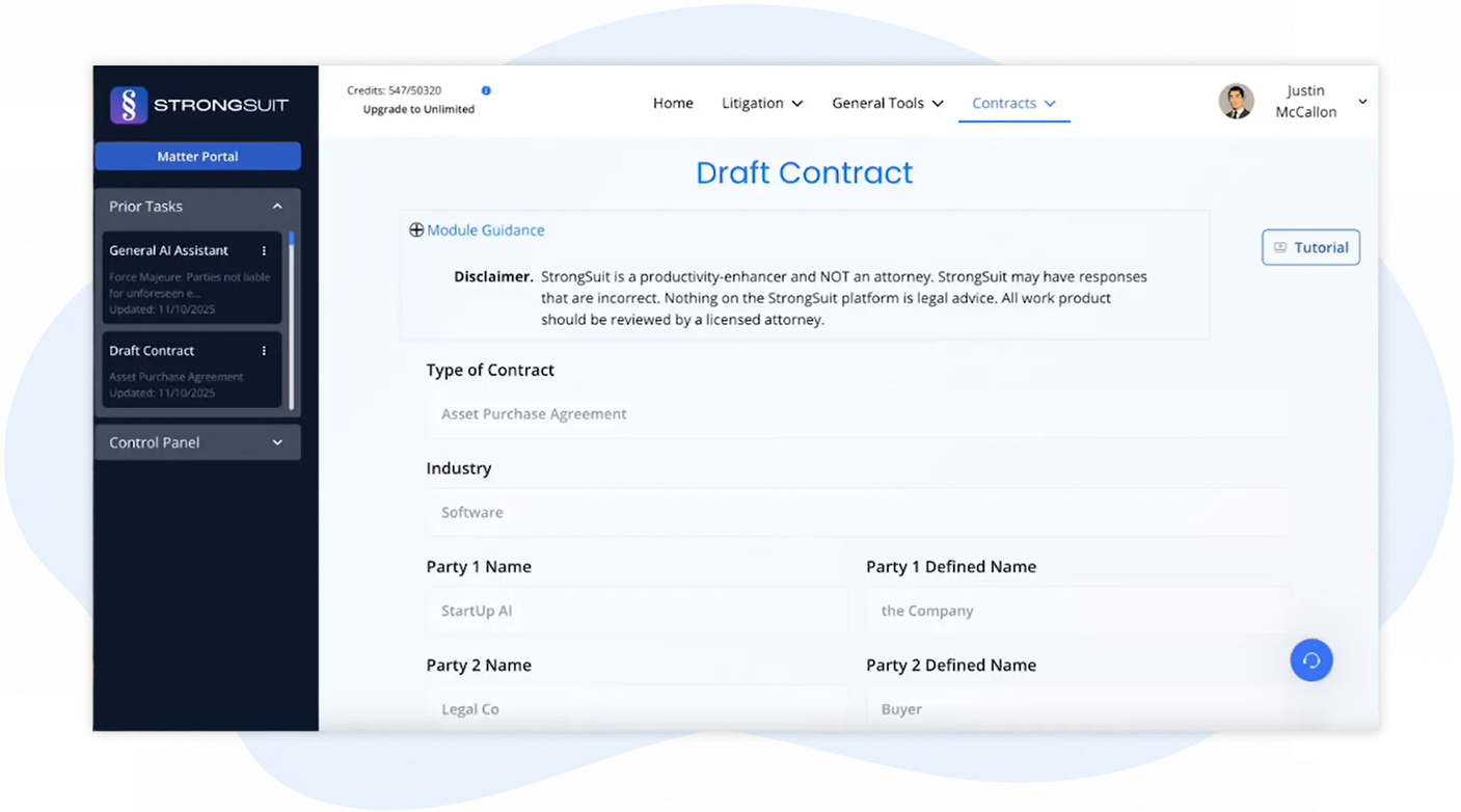 StrongSuit Draft Contract interface showing asset purchase agreement details
