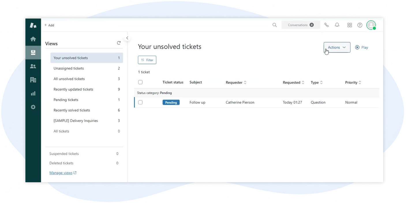 Ticket management system showing one unsolved pending ticket from Catherine Person