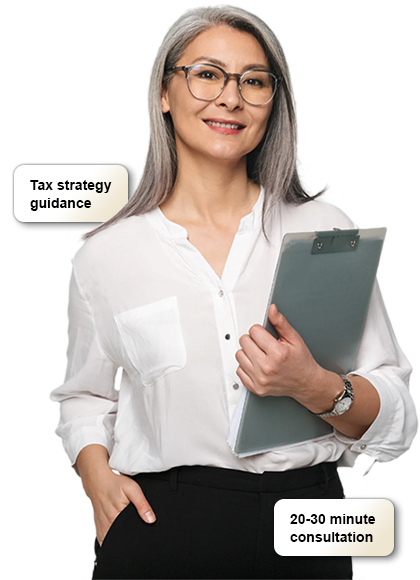 Professional woman holding clipboard offering tax strategy guidance and 20-30 minute consultation.