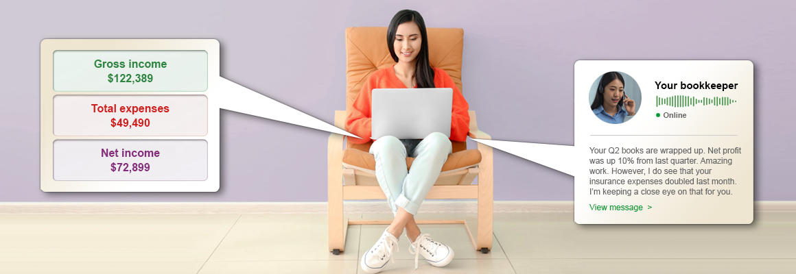 hero-bookkeeping20 Woman sitting in chair with laptop viewing financial summary and bookkeeper message