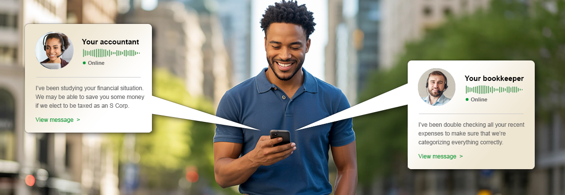 hero-tax-advisory3 Man holding phone with accountant and bookkeeper message bubbles displayed.