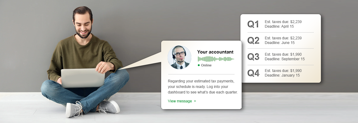 hero-tax-filing3 Man using laptop receives quarterly tax payment reminders from accountant.