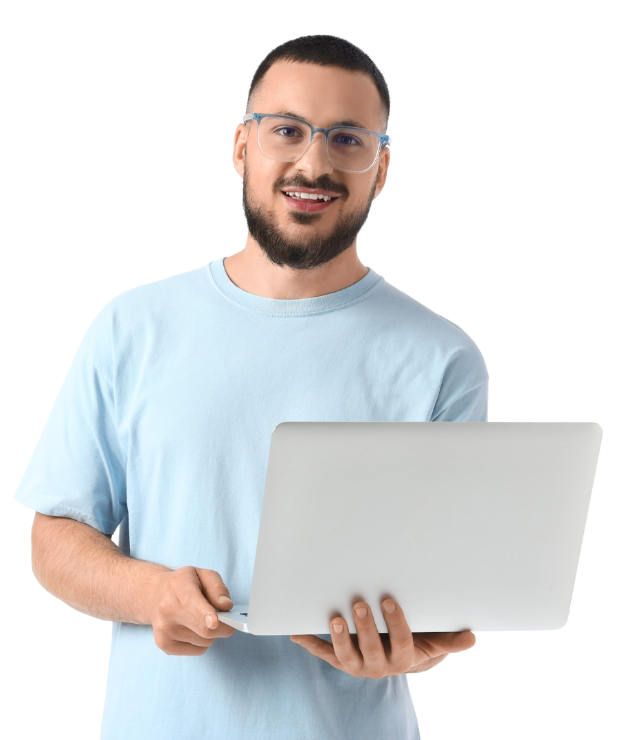 man-faq Young man with glasses holding laptop, smiling at camera, white background