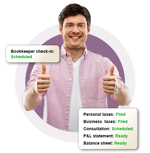 Man giving thumbs up with accounting status boxes displayed.