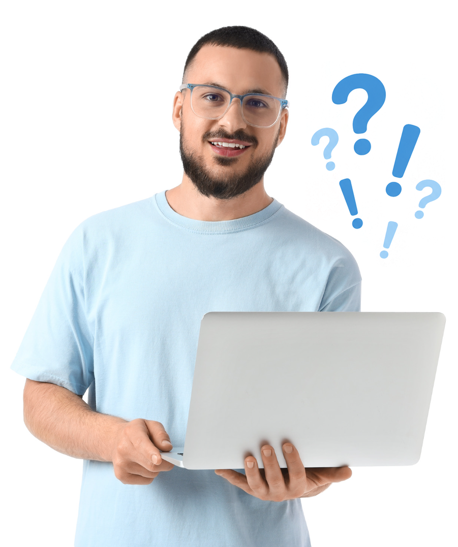 faq man Young man with glasses holding laptop, smiling at camera, white background